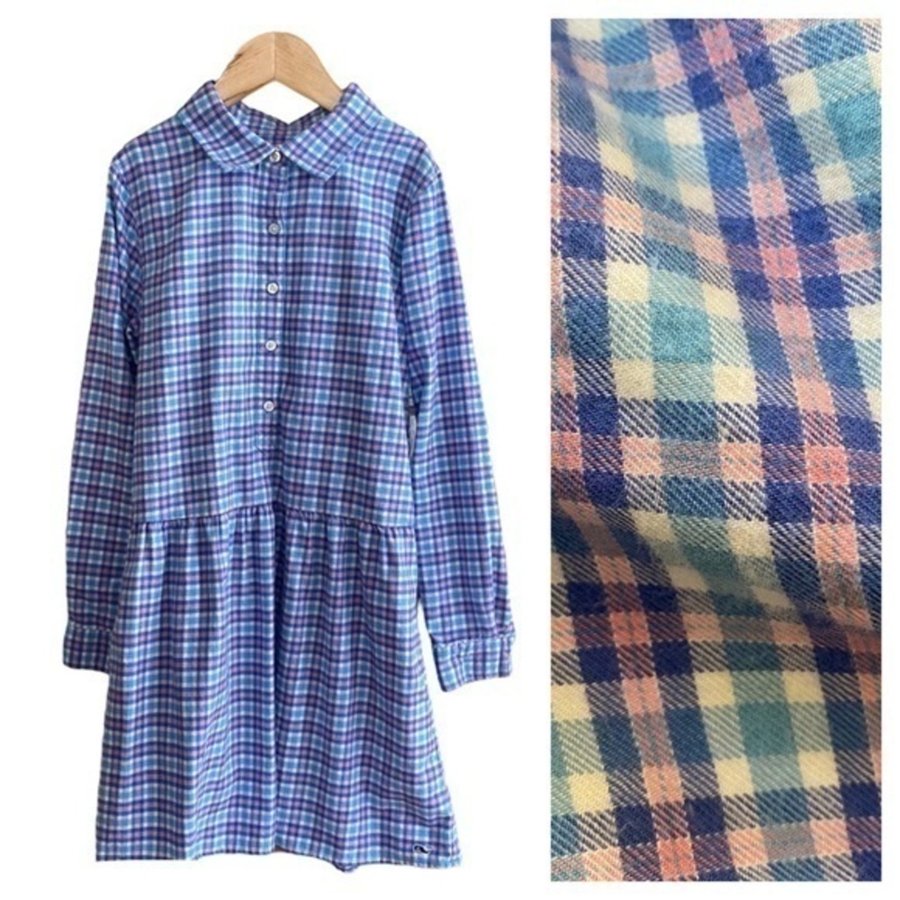 Vineyard Vines Blue Pink Gingham Plaid Flannel Long Sleeve Dress 12